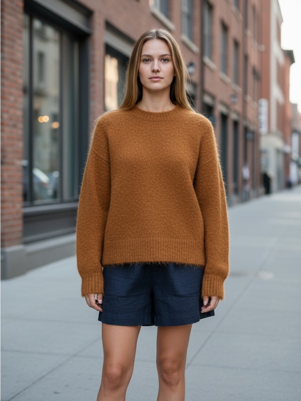 NWOT On 34th Fuzzy Boucle Crewneck Sweater Camel/Rust Size Small Wool Blend